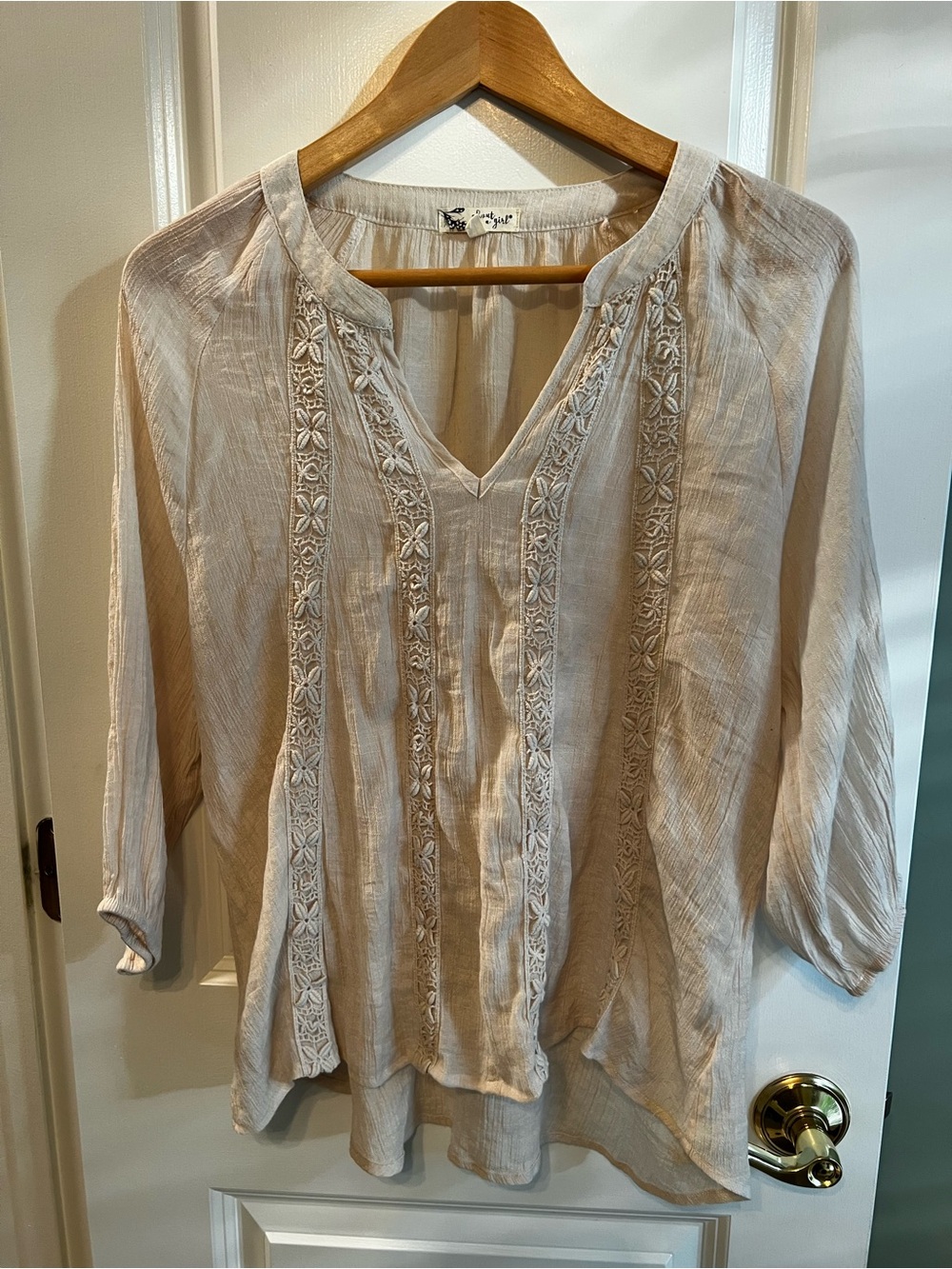 Boho Embroidered V-Neck Women's Peasant Blouse - Cream Ivory